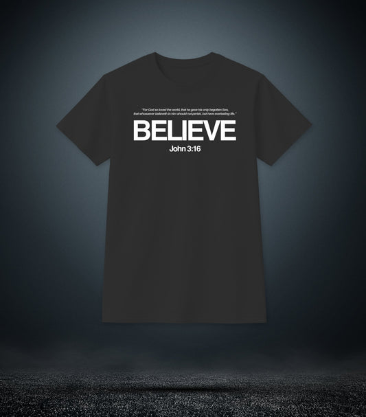 John 3:16 - Believe Christian T - Shirt (Mens Black)
