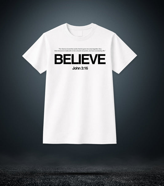 John 3:16 - Believe Christian T - Shirt (Mens White)